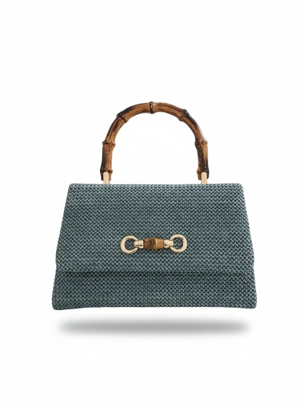 Woven Top-Handle Satchel in Teal with Bamboo Handle - Picture 2 of 3